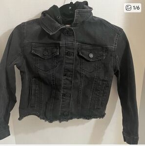 Justice Girls Distressed Black Jean Jacket With Hoodie SZ 10